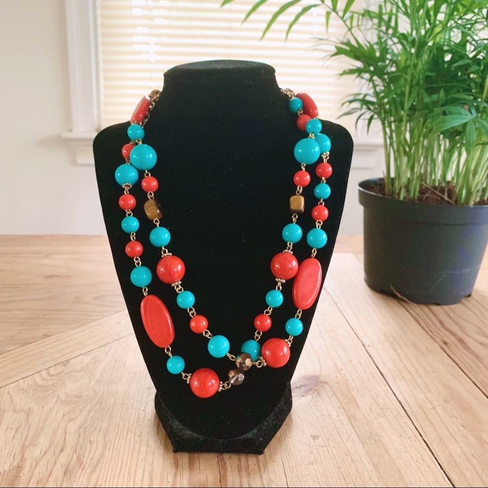 Southwestern Blue Red Tiger’s Eye Beaded Necklace